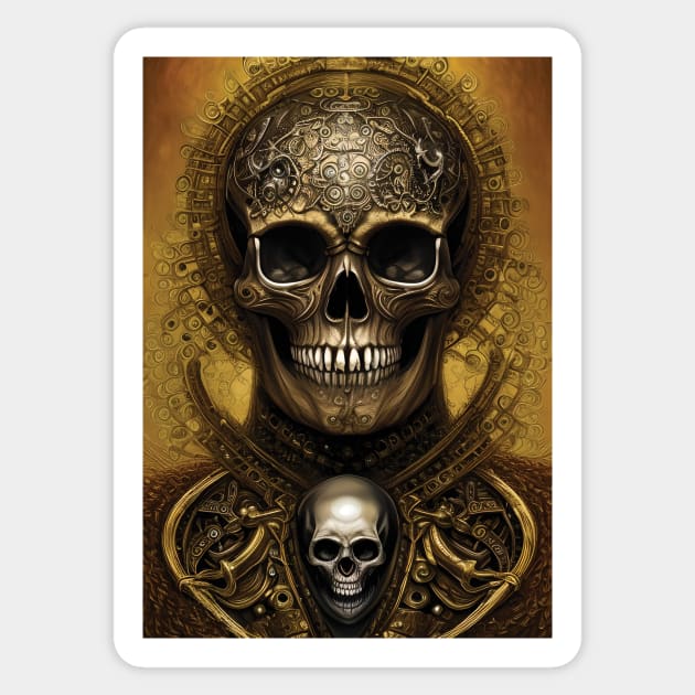 Skull With Gold Ornaments | Gold Skull Artwork | Armored Skull | Dystopian Skull | Skull Warrior Sticker by GloomCraft